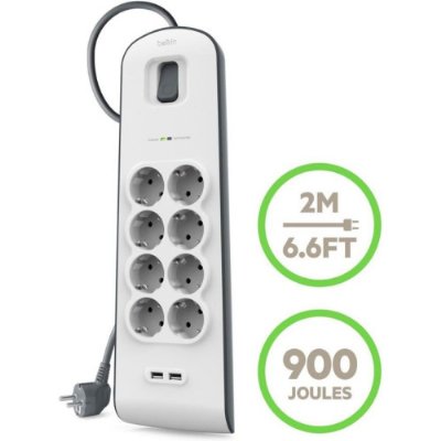 Belkin BSV804VF2M 900 Joule 2 USB'li 8'li 2 m Akım Korumalı Priz Teşhir