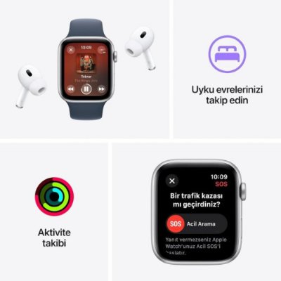 Apple Watch SE 2 2023 GPS 40mm Gümüş Rengi Alüminyum Kasa ve Kot Rengi Spor Kordon Akıllı Saat - Teşhir