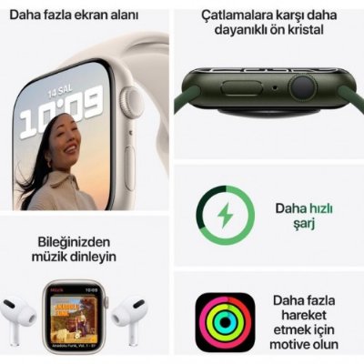 Apple Watch Series 7 GPS 41mm Yıldız Işığı Alüminyum Kasa ve Spor Kordon Akıllı Saat