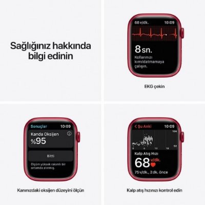 Apple Watch Series 7 GPS 45mm Kırmızı Alüminyum Kasa ve Spor Kordon Akıllı Saat