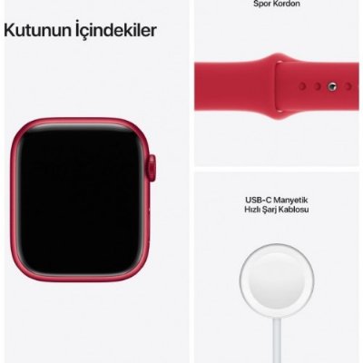 Apple Watch Series 7 GPS 45mm Kırmızı Alüminyum Kasa ve Spor Kordon Akıllı Saat - TEŞHİR