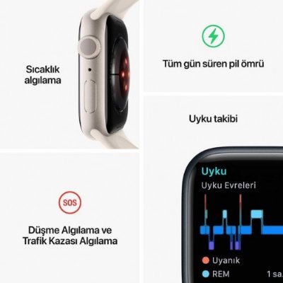 Apple Watch Series 8 GPS 45mm Yıldız Işığı Alüminyum Kasa ve Spor Kordon Akıllı Saat