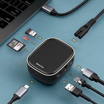 Baseus, Çok Fonksiyonlu Bilgisayar/Telefon Hub Adaptörü, Siyah, Giriş: USB Type C,Seyahat Boy Teşhir