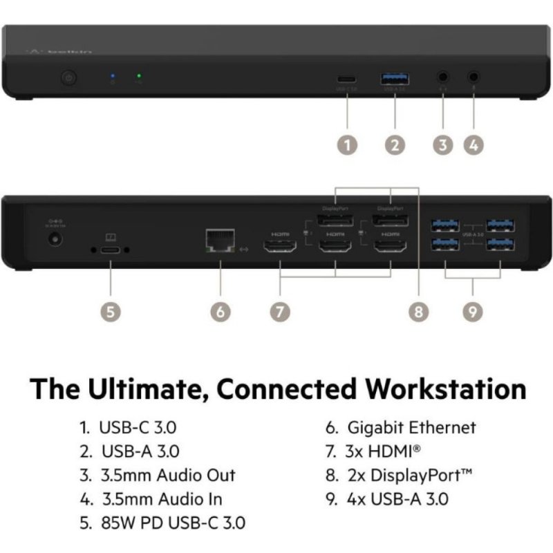 Belkin 85W Güç Dağıtımlı Üçlü 4K Ekran için 3 HDMI Bağlantı Noktası, 2 DisplayPort