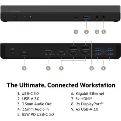 Belkin 85W Güç Dağıtımlı Üçlü 4K Ekran için 3 HDMI Bağlantı Noktası, 2 DisplayPort