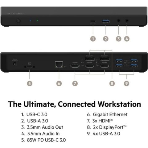 Belkin 85W Güç Dağıtımlı Üçlü 4K Ekran için 3 HDMI Bağlantı Noktası, 2 DisplayPort