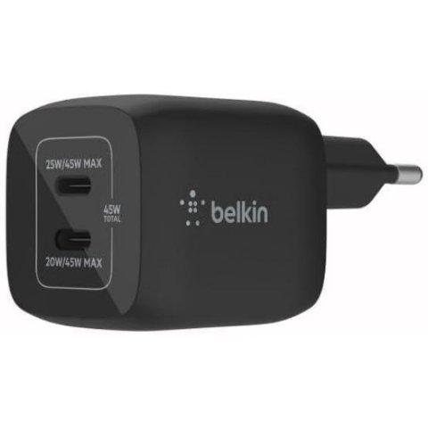 Belkin Çift Usb-C Duvar Şarj Cihazı 45W Siyah Gan Pd 3.0 Hızlı Şarj Siyah Teşhir