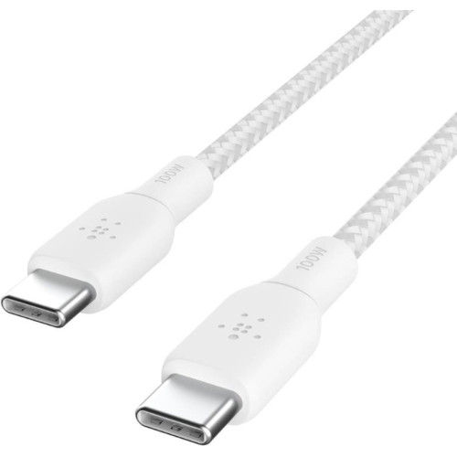 Belkin Örgülü USB-C - USB-C Kablosu 100W 2 Metre Beyaz USB-IF Sertifikalı Type-C Kablo Outlet