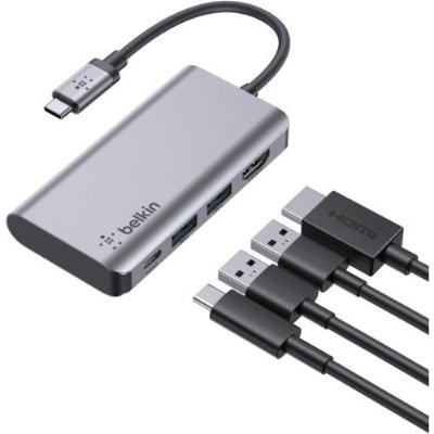 Belkin USB C 4'ü 1 Arada Çok Bağlantı Noktalı Adaptör (4K HDMI, USB-C 100W PD Geçişli Şarj ve Daha Fazlası için 2 x USB A Bağlantı Noktası ile) - Outlet