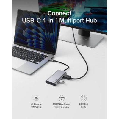 Belkin USB C 4'ü 1 Arada Çok Bağlantı Noktalı Adaptör (4K HDMI, USB-C 100W PD Geçişli Şarj ve Daha Fazlası için 2 x USB A Bağlantı Noktası ile) - Outlet