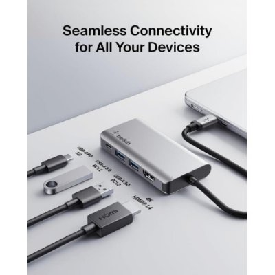 Belkin USB C 4'ü 1 Arada Çok Bağlantı Noktalı Adaptör (4K HDMI, USB-C 100W PD Geçişli Şarj ve Daha Fazlası için 2 x USB A Bağlantı Noktası ile) - Outlet