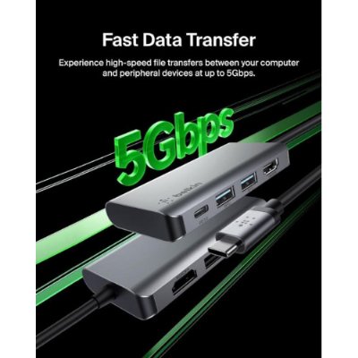 Belkin USB C 4'ü 1 Arada Çok Bağlantı Noktalı Adaptör (4K HDMI, USB-C 100W PD Geçişli Şarj ve Daha Fazlası için 2 x USB A Bağlantı Noktası ile) - Outlet