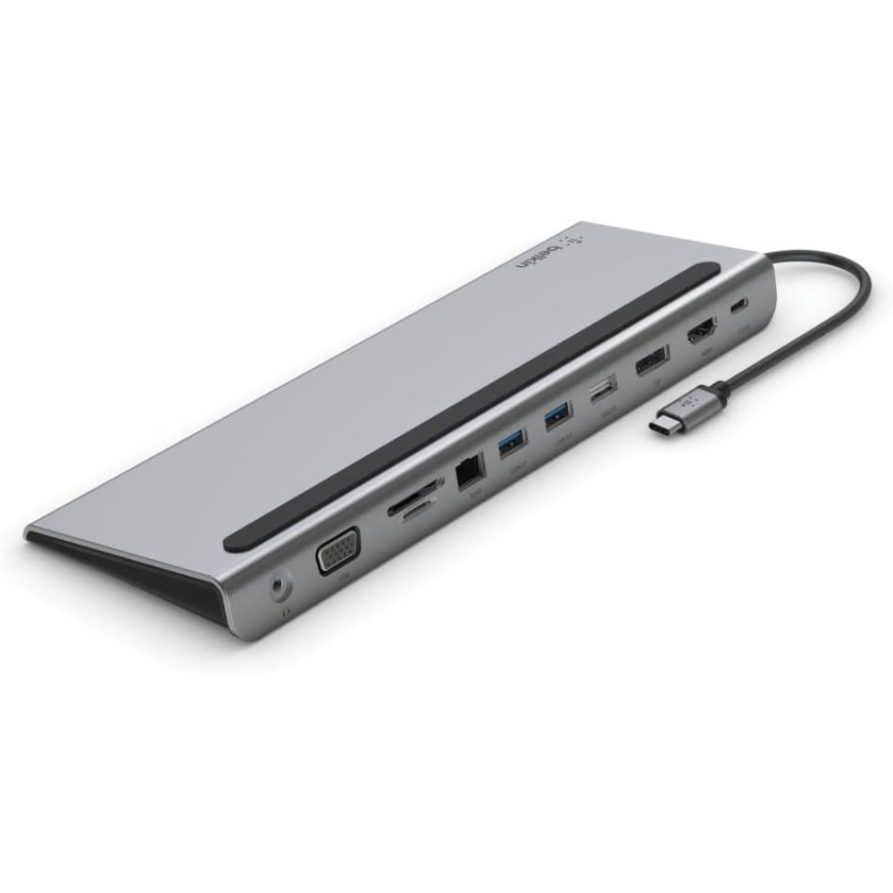 Belkin USB-C Hub, 11'i 1 arada Çoklu Bağlantı Noktalı Adaptör Yuvası, 4K HDMI, DisplayPort, VGA, USB-C ve 100W, Bağlı Cihazdan Şarj Etmek İçin, 3x USB A, Gigabit Ethernet, SD, MicroSD, 3,5 mm Jak Teşhir