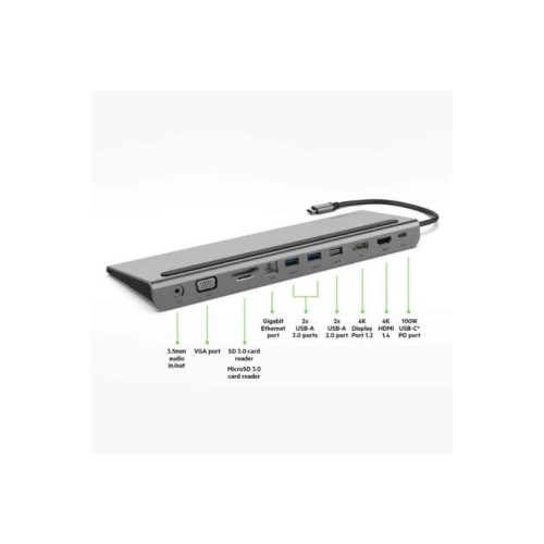 Belkin USB-C Hub, 11'i 1 arada Çoklu Bağlantı Noktalı Adaptör Yuvası, 4K HDMI, DisplayPort, VGA, USB-C ve 100W, Bağlı Cihazdan Şarj Etmek İçin, 3x USB A, Gigabit Ethernet, SD, MicroSD, 3,5 mm Jak Outlet