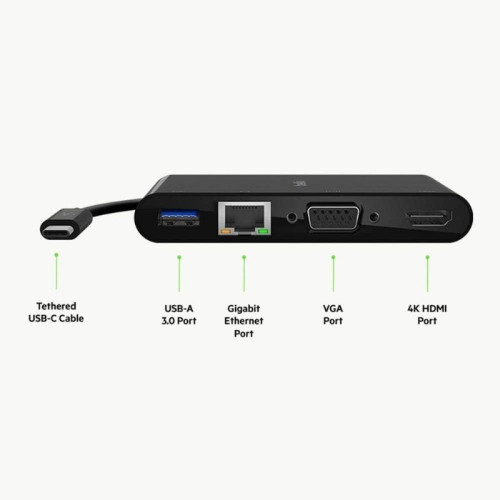 Belkin USB-C Multimedia Adaptörü (VGA, 4K HDMI, USB 3.0, Ethernet Bağlantı Noktalı USB-C Hub) MacBook Pro, iPad Pro, Surface Pro, Chromebook ve daha fazlası için 100 W Doğrudan İletimli Güç Teşhir
