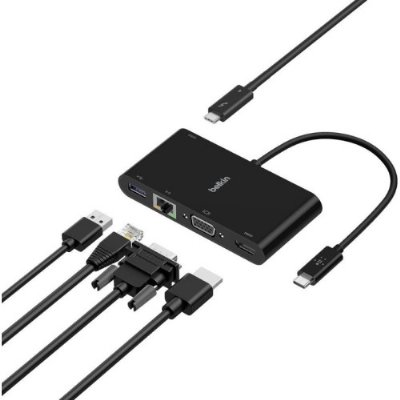 Belkin USB-C Multimedia Adaptörü (VGA, 4K HDMI, USB 3.0, Ethernet Bağlantı Noktalı USB-C Hub) MacBook Pro, iPad Pro, Surface Pro, Chromebook ve daha fazlası için 100 W Doğrudan İletimli Güç Teşhir