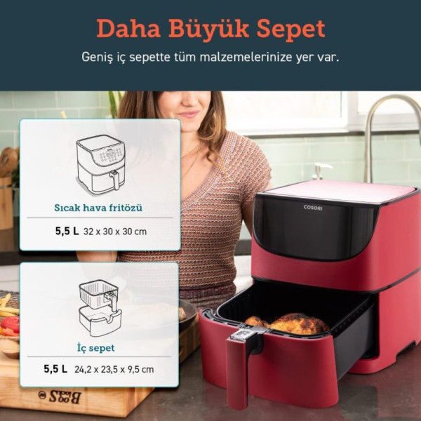 Cosori Premium XXL Airfryer 5.5 lt Yağsız Kırmızı Fritöz - TEŞHİR