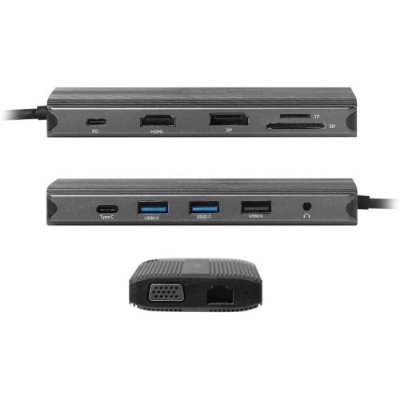 Dark USB 3.1 Gen1 Type C 12 in 1 Ethernet/USB-C & USB-C PD / 2xHDMI / VGA/TF SD Kart Okuyucu / 3xUSB 3.0 / Kulaklık Çoklayıcı - Teşhir