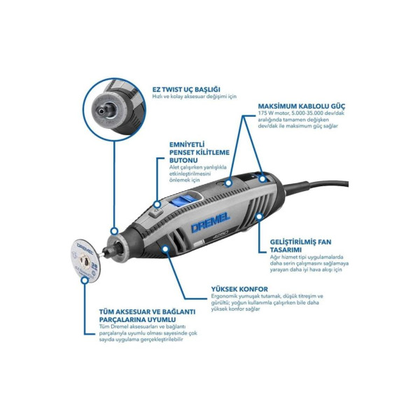 Dremel F0134250JK 4250-6 128 Aksesuarlı 175 W Gravür Taşlama El Motoru