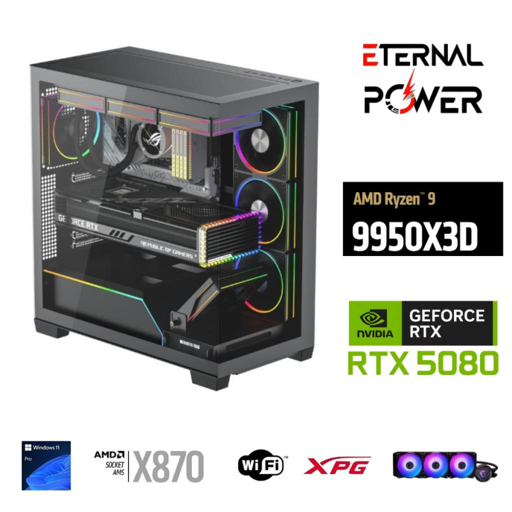 E.POWER  RYZEN 9 9950X3D 32GB DDR5 2TB M.2  RTX 5080 X870 WIFI 1000W 360M