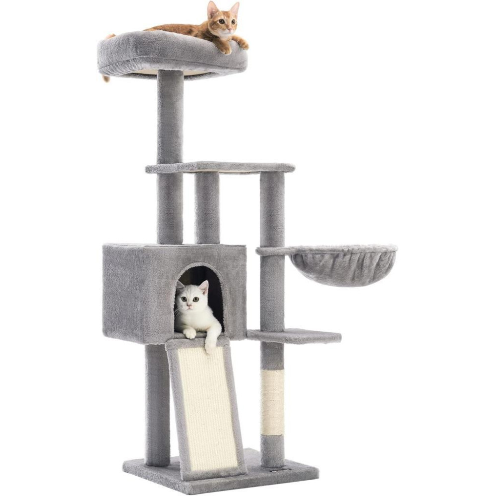FEANDREA Tırmalama Ağacı, 135 cm Küçük Kedi Ağacı, Çok Katlı Pelüş Kedi Tırmalama Ağacı, Yıkanabilir, Çıkarılabilir Oturma Çubuğu, Kazıma Sapı, Sepet, Mağara, Açık Gri Teşhir