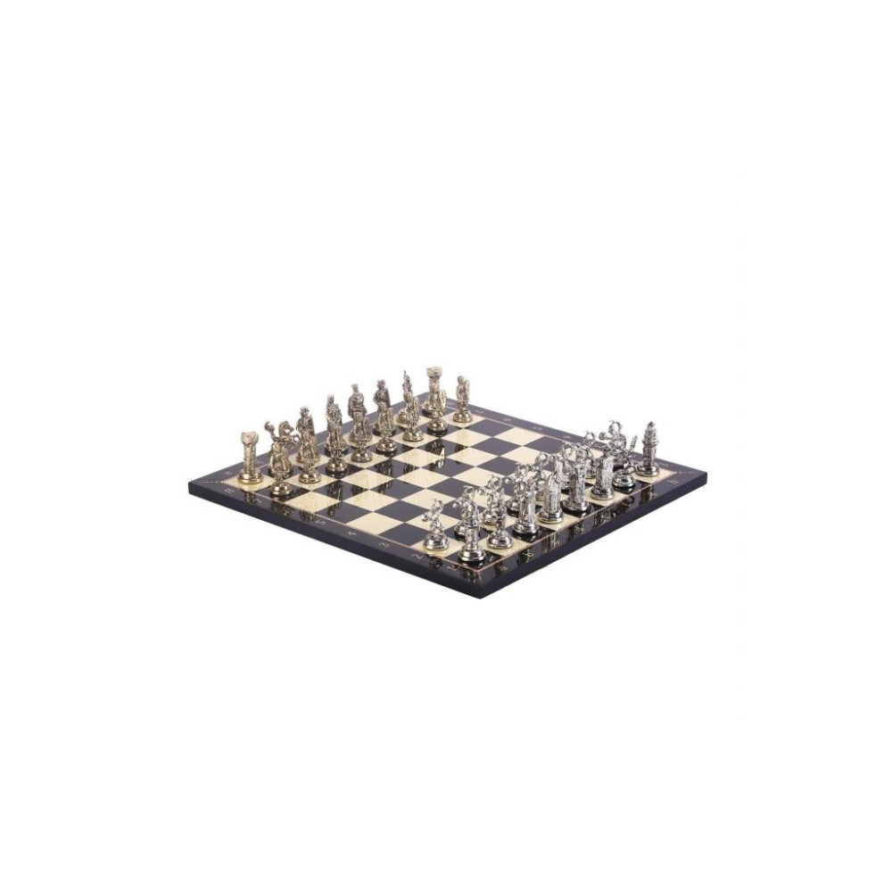 GiftHome Orta Boy Metal Osmanlı Bizans Satranç Takımı Parlak ve Sedef Desenli MDF Ahşap Satranç Tahtası (37x37 cm.) Teşhir