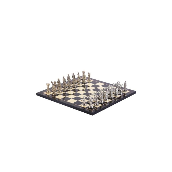 GiftHome Orta Boy Metal Osmanlı Bizans Satranç Takımı Parlak ve Sedef Desenli MDF Ahşap Satranç Tahtası (37x37 cm.) Teşhir