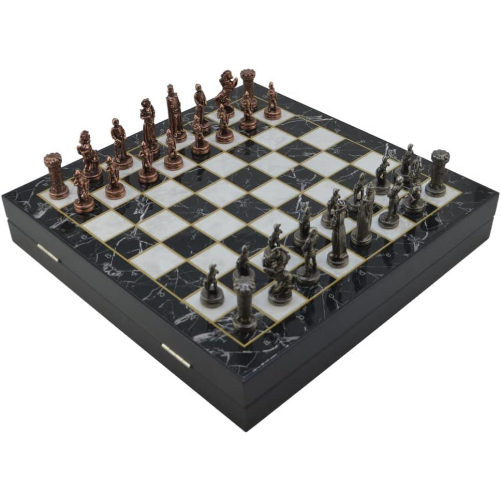 GiftHome Orta Boy Metal İngiliz Satranç Takımı Antik ve Mermer Desenli Sandıklı MDF Tahtası (36x36x6 cm.) Outlet
