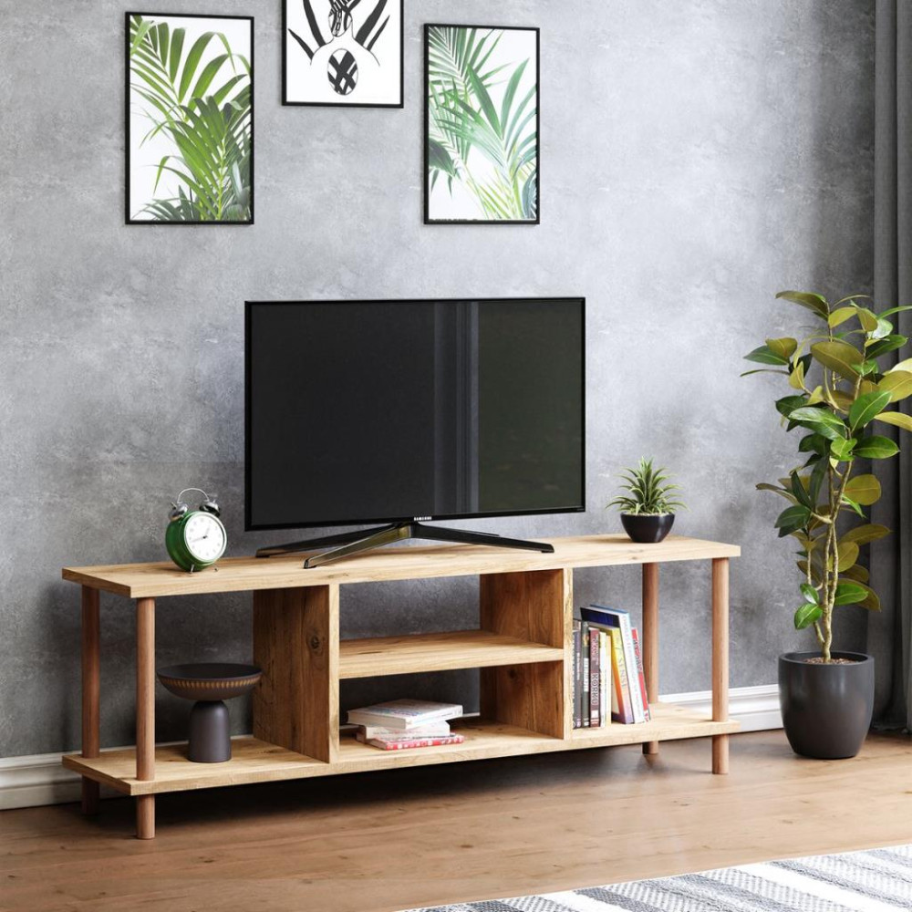 İntergo Tv Sehpası Raflı Tv Ünitesi Televizyon Sehpası Ahşap Ayaklı Çam -Outlet 