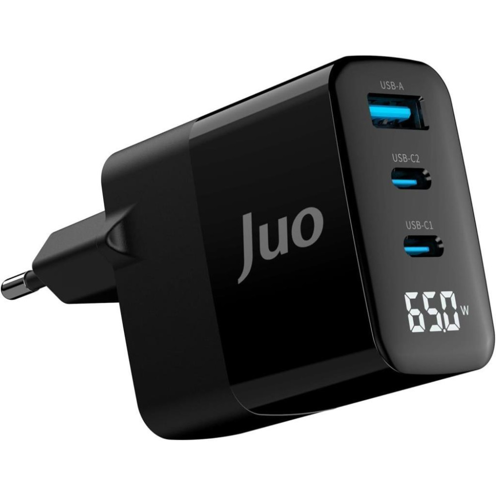 Juo 65W GaN Led Ekranlı Hızlı Şarj Cihazı 2 Type-C + USB-A iPhone & iPad & Notebook Uyumlu Şarj Aleti Teşhir