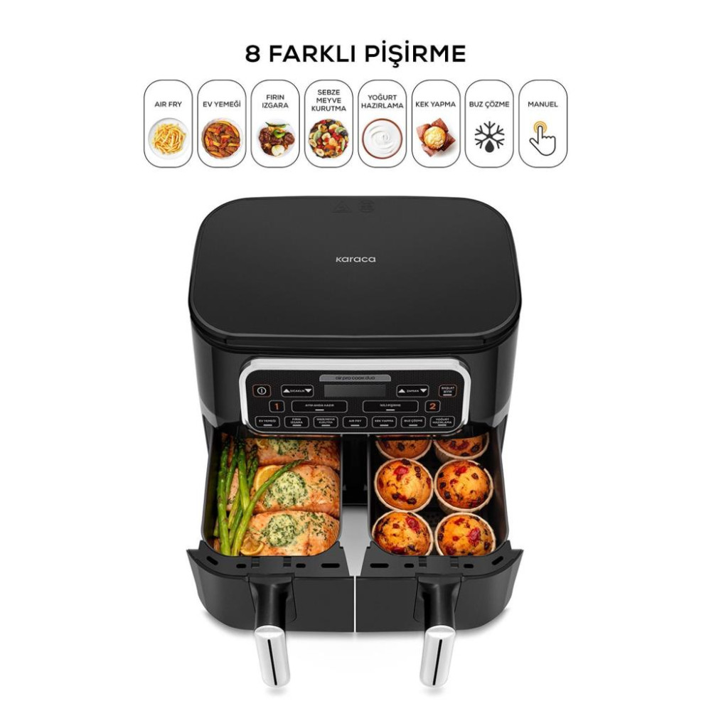 Karaca Air Pro Cook Duo Ev Yemeği XXXL 8 lt Black Chrome Yağsız Fritöz Teşhir