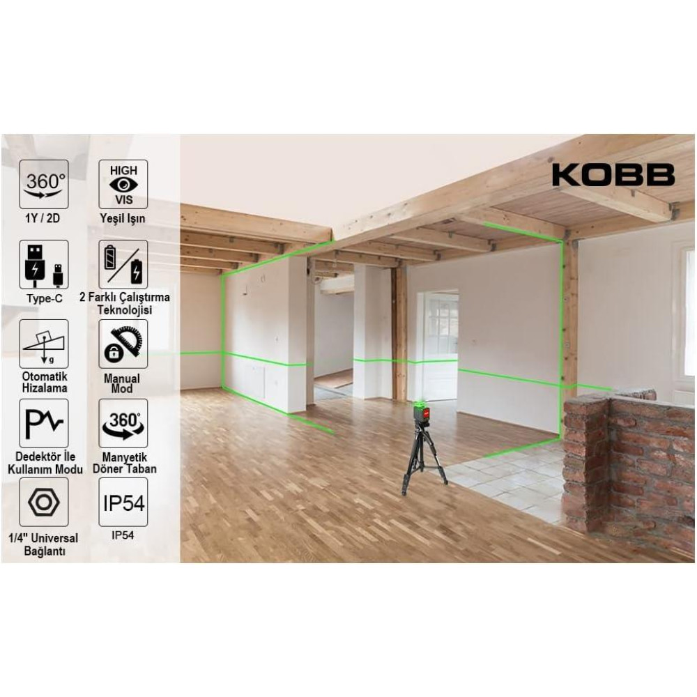 Kobb KBL33G 40 mt Şarjlı Otomatik Hizalamalı Yeşil Çapraz Çizgi Lazeri Outlet