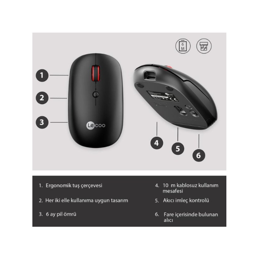 Lenovo lecoo WS211 Siyah Şarjlı Sessiz Ergonomik Optik Kablosuz Mouse Teşhir