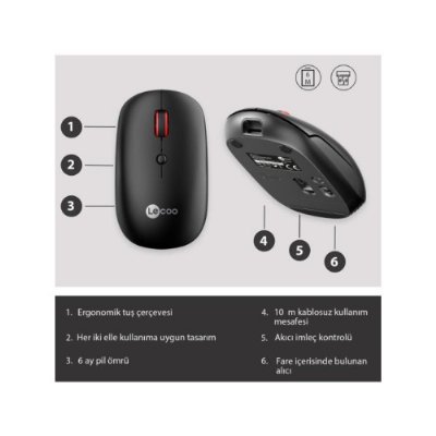 Lenovo lecoo WS211 Siyah Şarjlı Sessiz Ergonomik Optik Kablosuz Mouse Teşhir