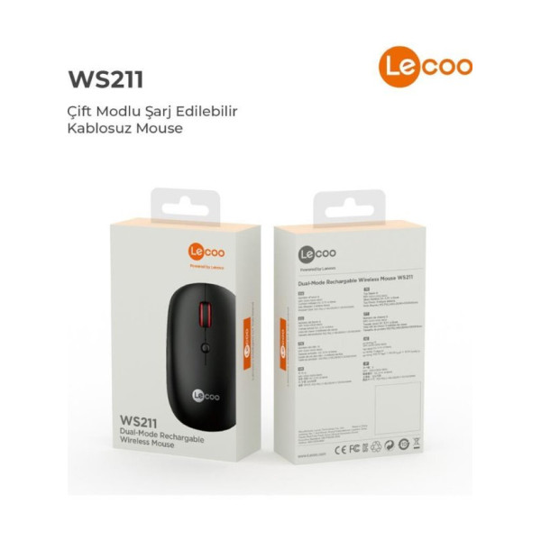 Lenovo lecoo WS211 Siyah Şarjlı Sessiz Ergonomik Optik Kablosuz Mouse Teşhir