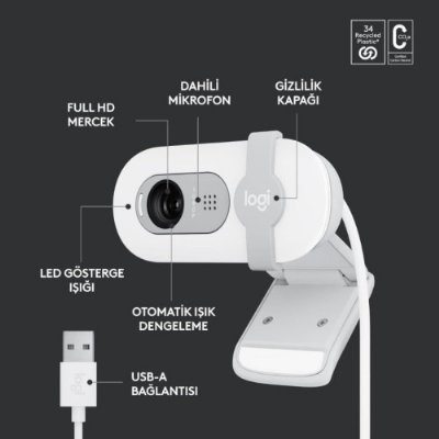 Logitech Brio 100 Beyaz Full HD 1080P Mikrofonlu Webcam