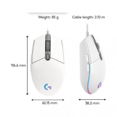 Logitech G G102 Lightsync RGB Kablolu Gaming Mouse, Beyaz,