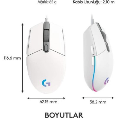Logitech G G102 Lightsync RGB Kablolu Gaming Mouse, Beyaz-TEŞHİR
