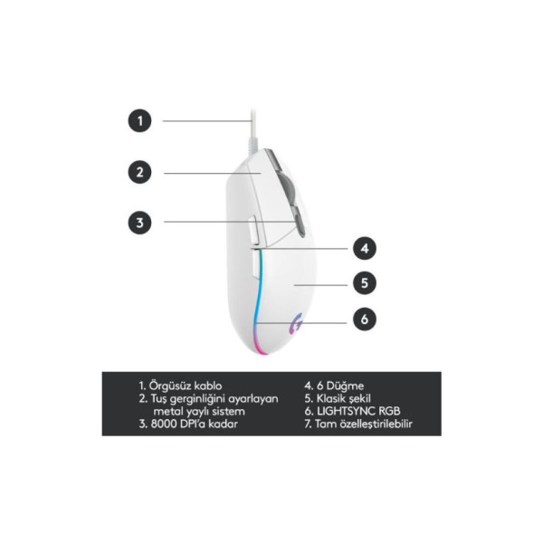 Logitech G G102 Lightsync RGB Kablolu Gaming Mouse, Beyaz-TEŞHİR