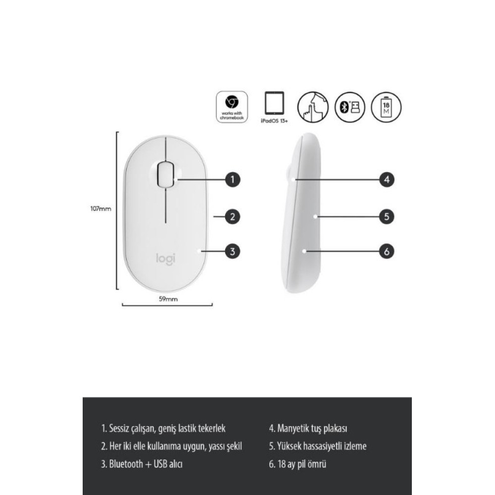 Logitech Pebble M350 910-005716 Beyaz Sessiz Optik Kablosuz Mouse