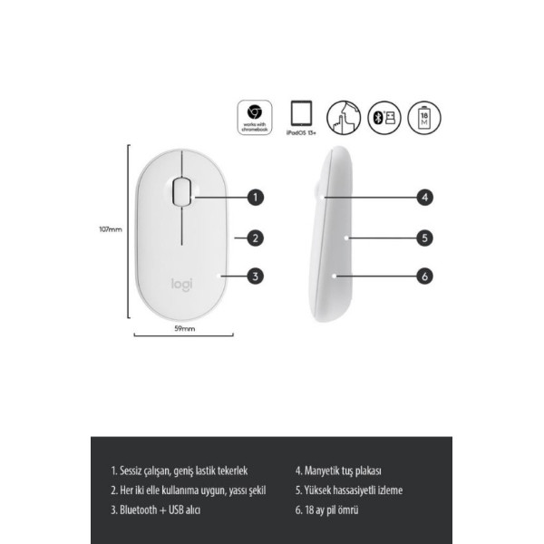Logitech Pebble M350 910-005716 Beyaz Sessiz Optik Kablosuz Mouse