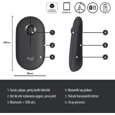 Logitech Pebble M350 910-005718 Siyah Sessiz Optik Kablosuz Mouse-TEŞHİR