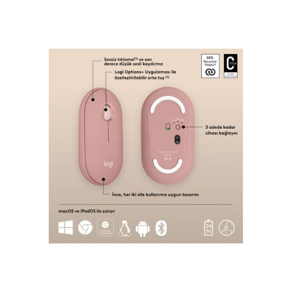 Logitech Pebble 2 M350S 910-007014 Pembe Sessiz Optik Kablosuz Mouse