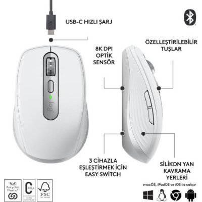 Logitech MX Anywhere 3S 910-006930 Beyaz Şarjlı Lazer Kablosuz Mouse - Teşhir