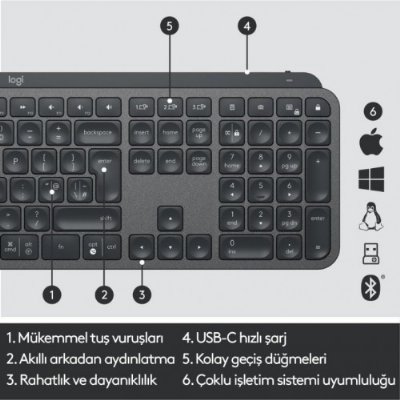 Logitech MX Keys 920-010087 Bluetooth ve Wireless Kablosuz Klavye Outlet