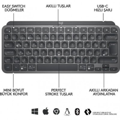 Logitech MX Keys Mini Minimalist Kablosuz Bluetooth Aydınlatmalı Türkçe Q Klavye - Siyah