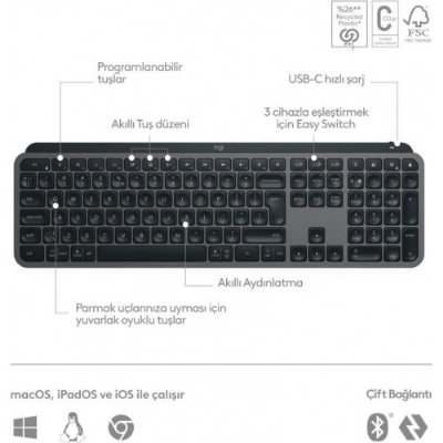 Logitech MX Keys S 920-011594 Bluetooth ve Wireless Kablosuz Klavye