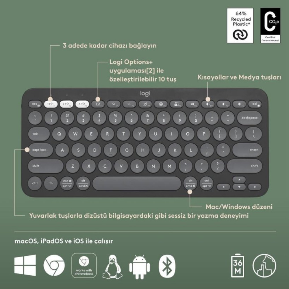 Logitech Pebble Keys 2 K380S 920-011859 Siyah Kablosuz Klavye Outlet