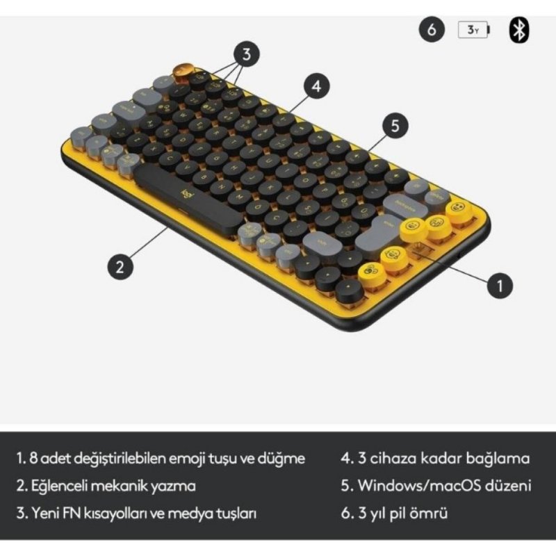 Logitech POP Keys Sarı Siyah Kablosuz Mekanik Klavye - Teşhir