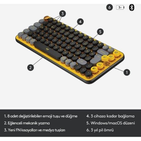 Logitech POP Keys Sarı Siyah Kablosuz Mekanik Klavye - Teşhir